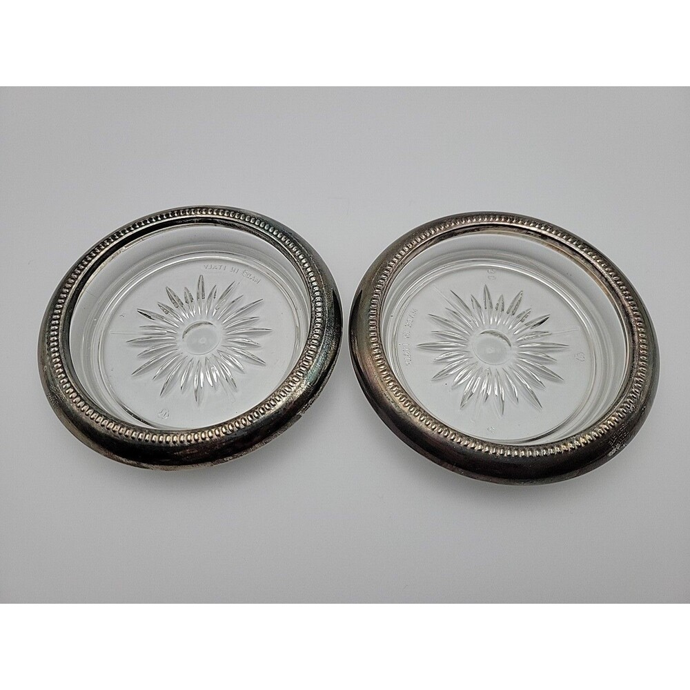 2 Vtg Leonard Crystal & Silverplate Coaster Ashtray Dish Sunburst Made In Italy